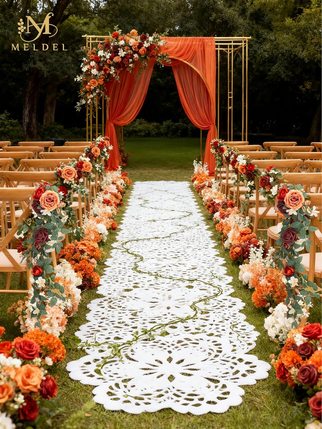 10pcs Wedding Chair Decorations Aisle Floral Swag Artificial Pew Flowers Hanging Garland Burgundy & Orange for Ceremony Reception Church Rose Floral Faux Arrangement Party Outdoor Garden Decor