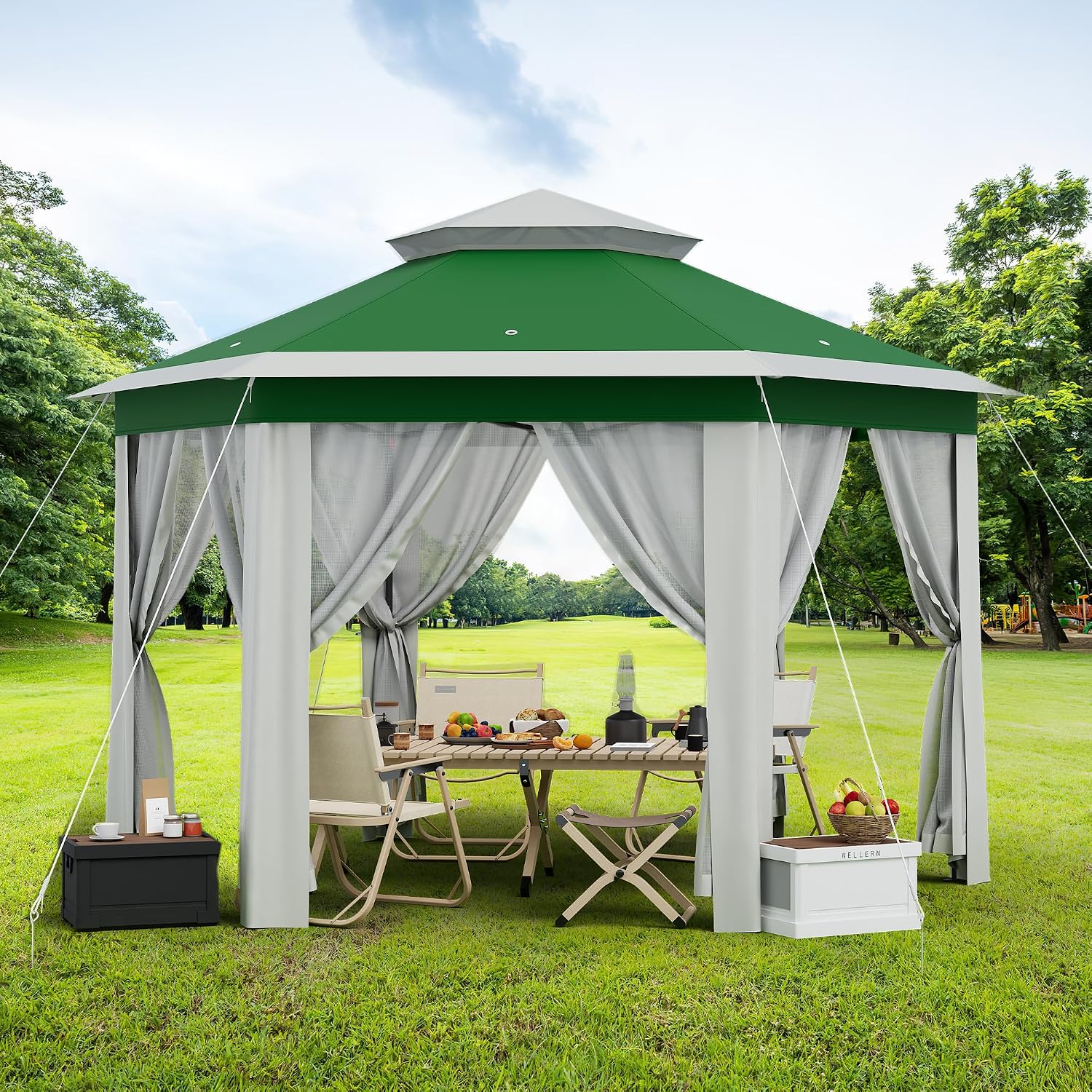 13'x13' Pop Up Gazebo with Mosquito Netting, Canopy Tent with Portable Carry Bag, Outdoor Gazebo for Backyard & Patio Furniture, Double-Layer Outdoor Pergola for Lawn, Garden, Green