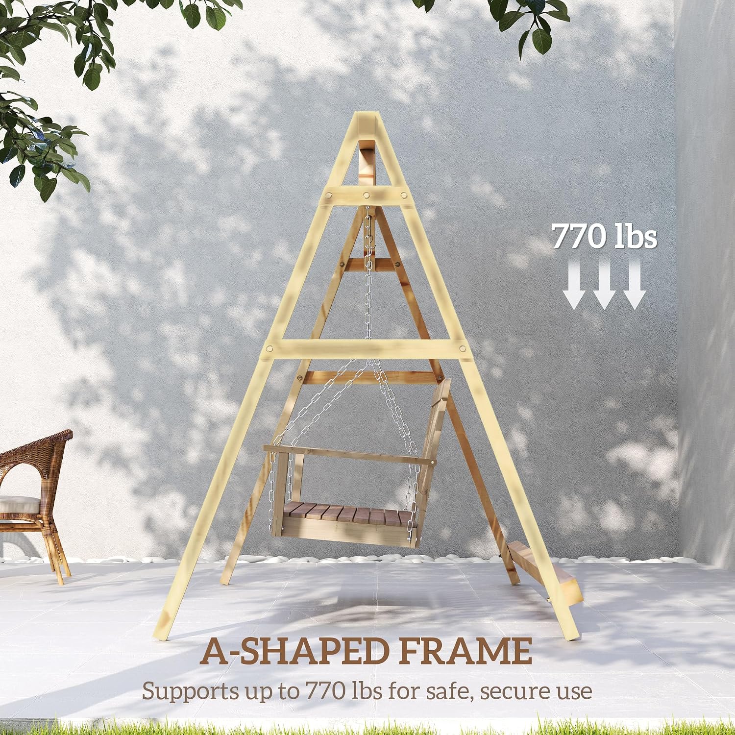 Outsunny 770lbs Porch Swing Frame, Heavy Duty A-Frame Wooden Swing Stand with Reinforced Bars, Freestanding Hanging Chair Stand Only for Porch, Lawn, Garden, Backyard, Teak