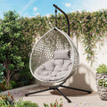 Polibi Hanging Egg Chair with Stand - PE Rattan Indoor Outdoor Swing Chair Heavy Duty 330lbs - Breathable Hollowed Design & Adjustable Headrest - Patio Balcony Garden Lounger,Gray+Gray