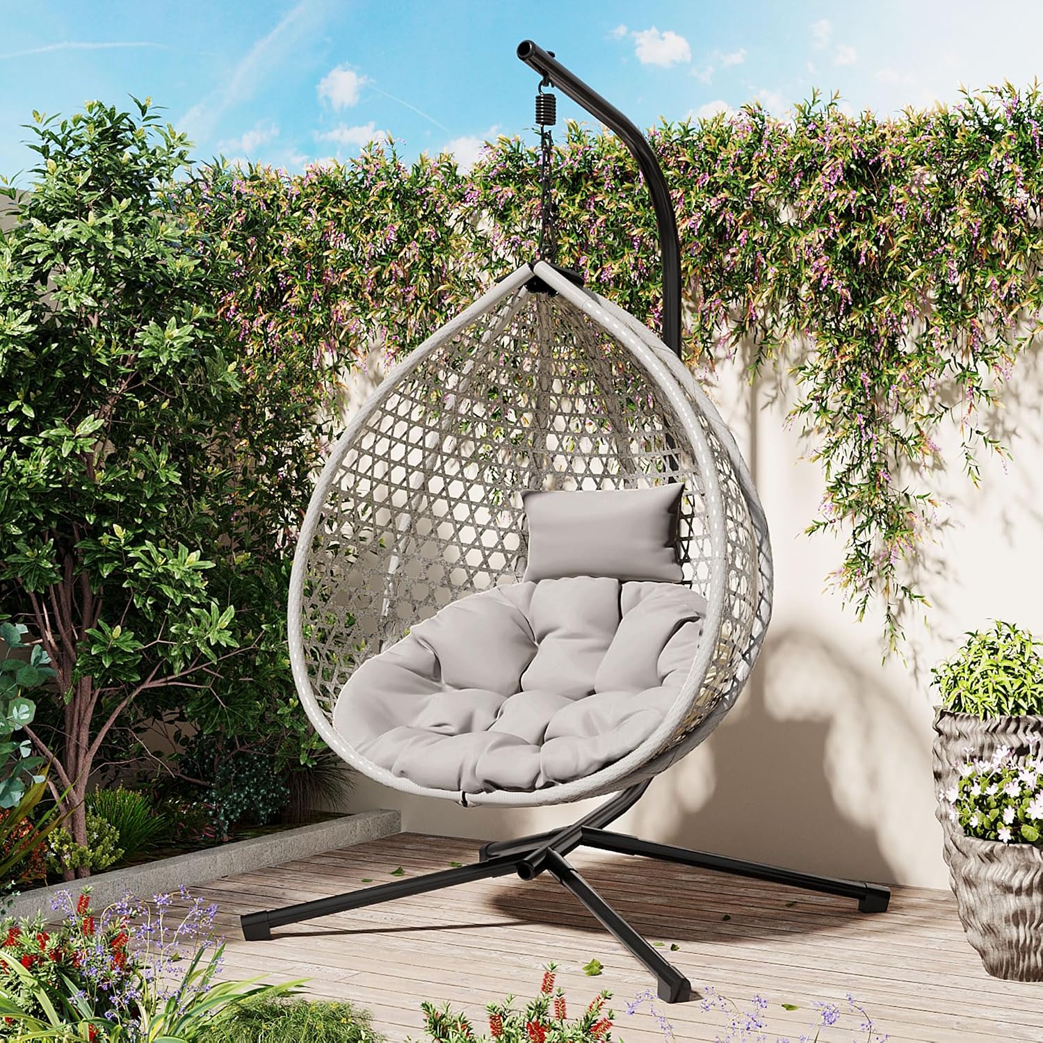 Indoor Outdoor Hammock Chair with Stand, Rattan Egg Hanging Swing Chair with Cushion for Balcony Bedroom Garden (Gray+Gray)