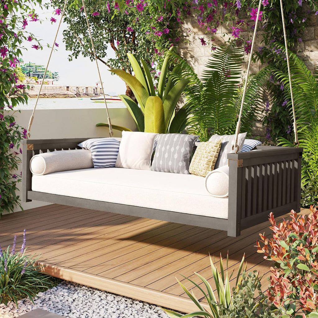 Minimalist 2-Person Acacia Wood Swing Bed, Patio Porch Swing with Ropes for Backyard Garden, Safe Sloped Design,Mattress, Cushions and Pillows not Included(Gray/Acacia)