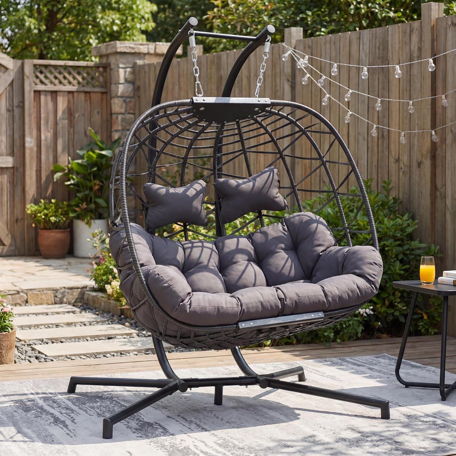 NICESOUL Double Egg Swing Chair with Stand, Oversized 2-Person Indoor Outdoor Hanging Hammock Chairs with Cushion, Wide and Large Comfy Loveseat, Sturdy Porch Swings for Outside, Dark Gray