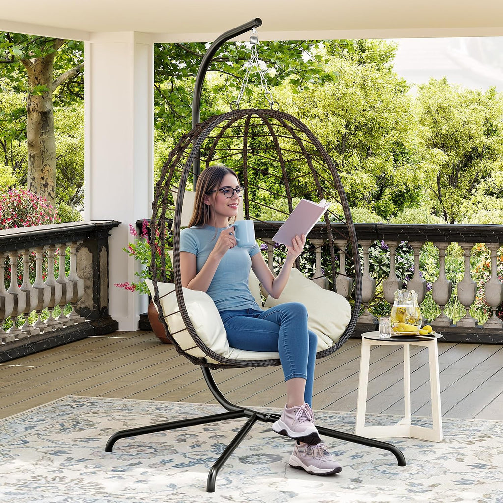 Egg Chair with Stand, Patio Wicker Bifanuo Hanging Chair, Hammock Swing Chair, 350LBS Capacity for Bedroom, Balcony, Garden(BR-BE)