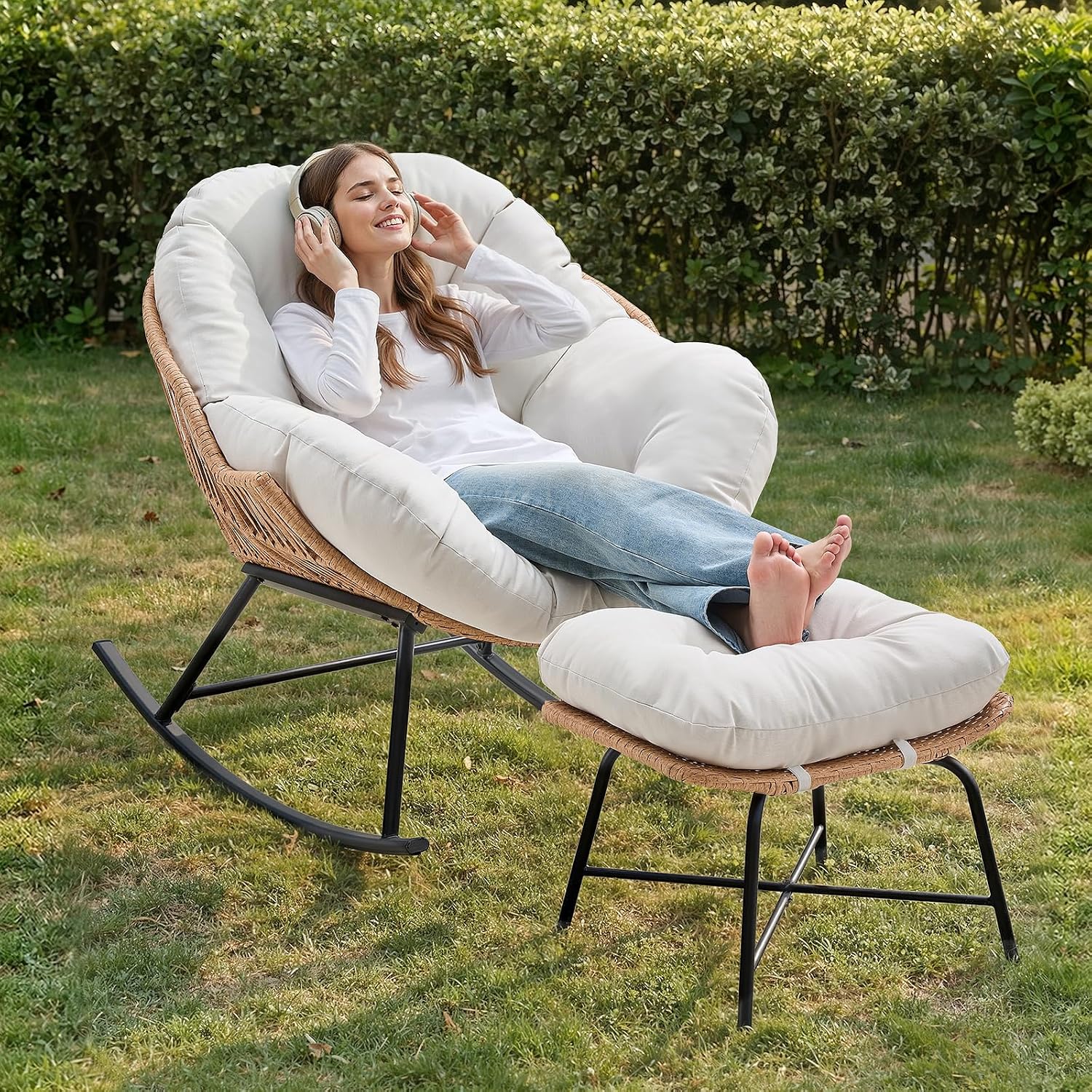 ONBRILL Papasan Rocking Chair with Ottoman,Oversized Papasan Chair with Padded Cushion, Indoor & Outdoor Rocker Chair for Living Room, Patio, Garden, Cream White