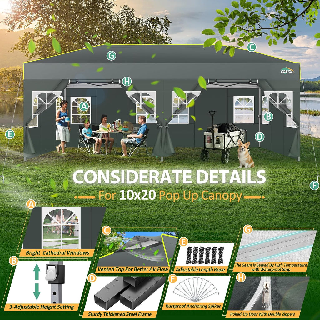 COBIZI 10x20 Pop Up Canopy with 6 Sidewalls One Push Setup Outdoor Event Shelter Waterproof UPF 50+ Gazebo Tent with Carry Bag,Air Vent,Sandbag for Commercial, Wedding, Party,Grey