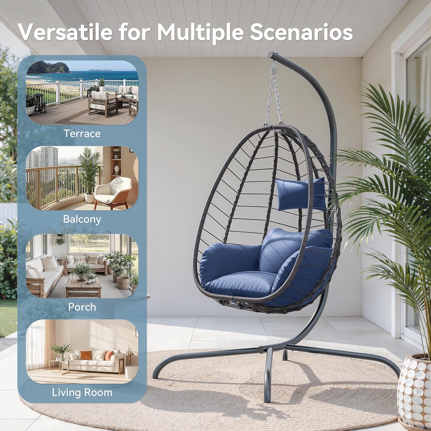 ALAULM Foldable Egg Chair with Stand, 485LBS Capacity Wicker Rattan Hammock Swing Chair for Outdoor & Indoor, Patio Hanging Chair with Strong Frame & UV Resistant Cushion for Balcony, Bedroom, Blue