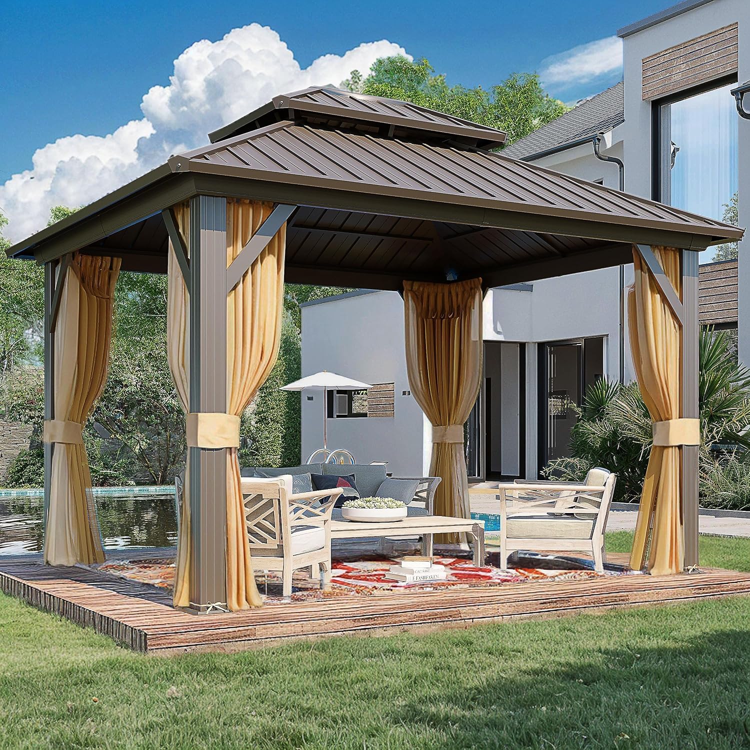 MELLCOM 10'x12' Hardtop Gazebo, Metal Double Roof Aluminum Gazebos with Curtain and Netting,Brown Permanent Galvanized Steel Pavilion for Patio, Lawn & Deck