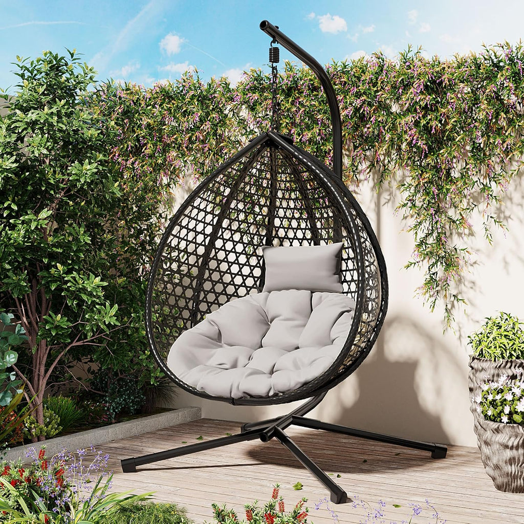 Indoor Outdoor Hammock Chair with Stand, Rattan Egg Hanging Swing Chair with Cushion for Balcony Bedroom Garden (Black+Gray)