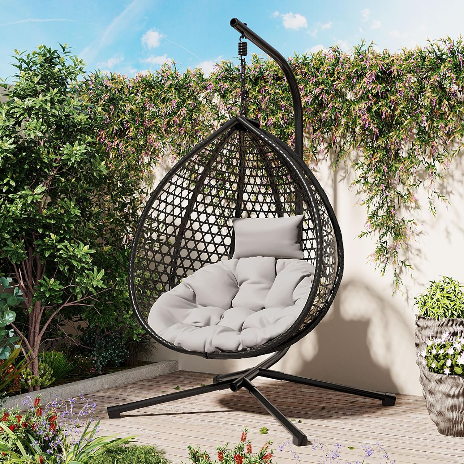 Indoor Outdoor Hammock Chair with Stand, Rattan Egg Hanging Swing Chair with Cushion for Balcony Bedroom Garden (Black+Gray)