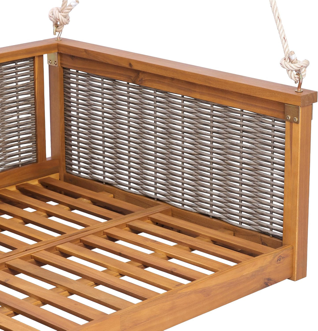 Acacia Wood & Rattan Twin Size Outdoor Swing Bed with Hanging Ropes - 3 Color Options for Backyard or Porch Relaxation (Teak/RR)