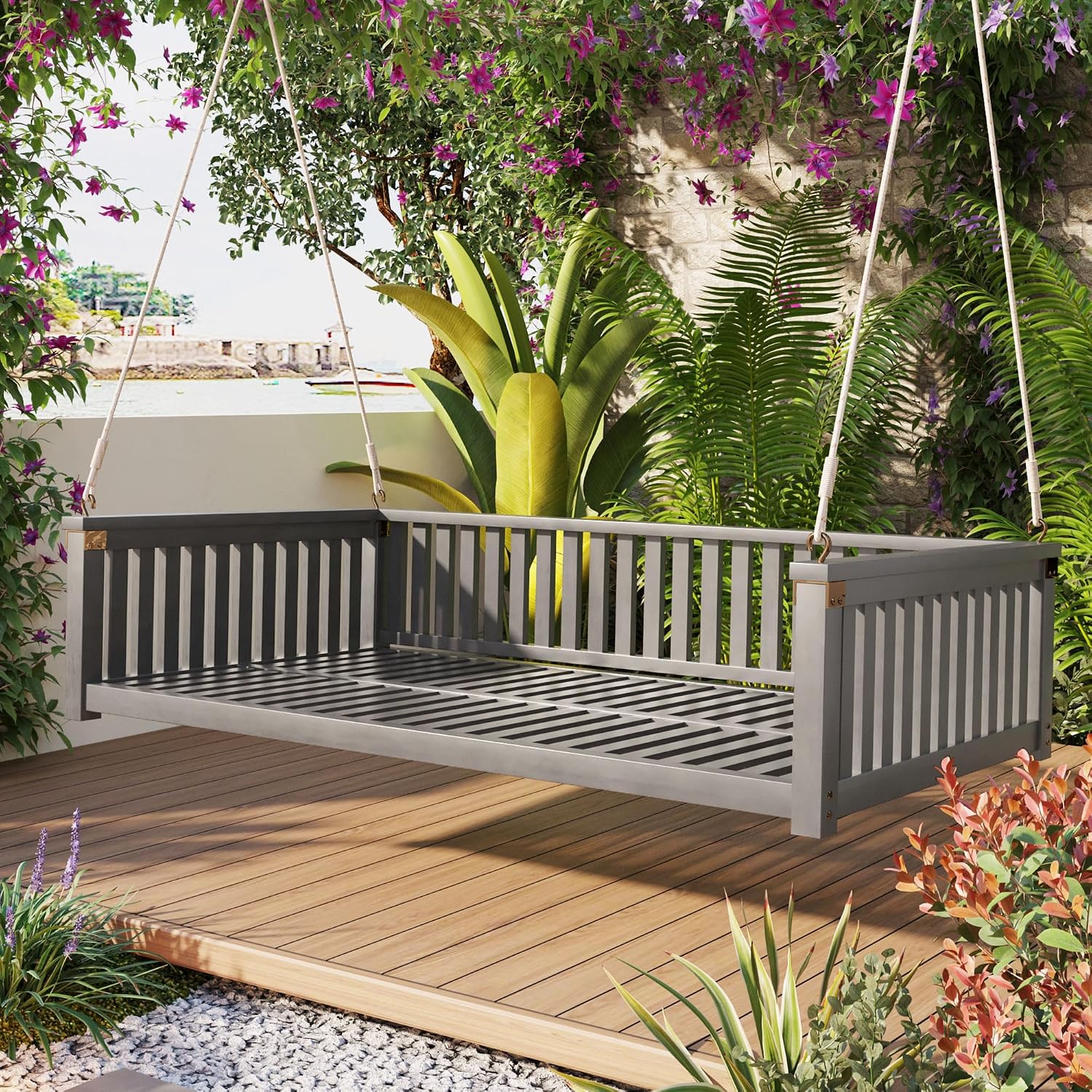 Minimalist 2-Person Acacia Wood Swing Bed, Patio Porch Swing with Ropes for Backyard Garden, Safe Sloped Design,Mattress, Cushions and Pillows not Included(Gray/Acacia)