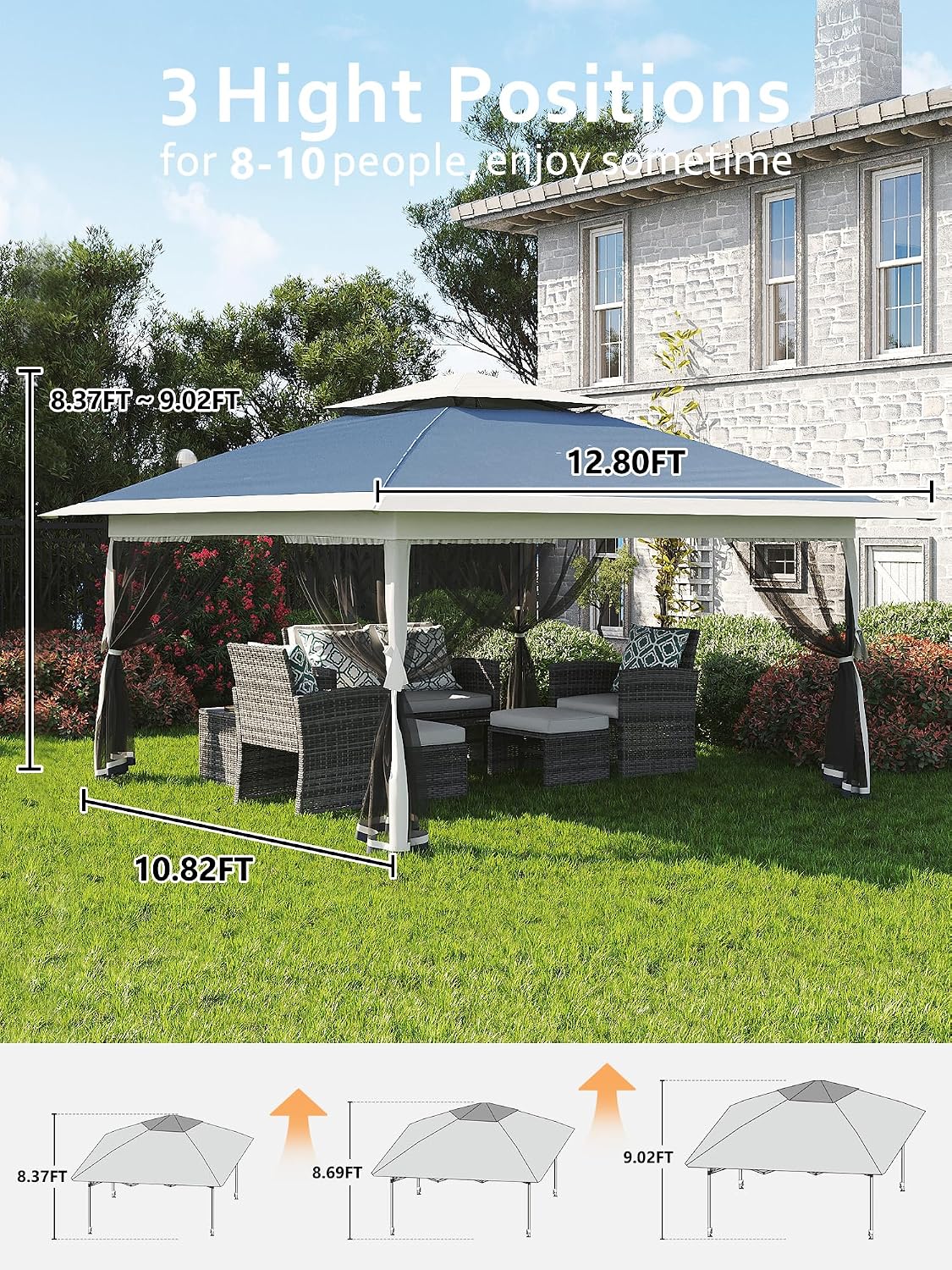 Hipicute 13 X 13FT Pop Up Gazebo, Canopy Tent, Gazebos on Clearance,Patio Folding Canopy with Mosquito Netting - Backyard Tent for Party, Wedding, Outdoor Dining, Patio, Backyard(Navy Blue+Hemp Grey)