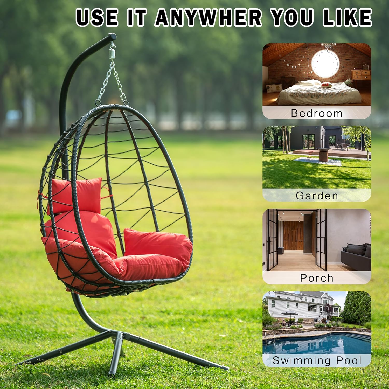 ZSQ Hanging Egg Chair with Stand, Indoor Outdoor Wicker Patio Swing Chair, All-Weather with Cushion (Red)
