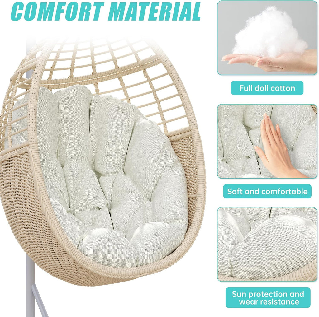 Egg Swing Chair with Stand, Rattan Egg Hanging Hammock Chair with Soft Cushion for 330lbs Patio Balcony Garden Living Room Bedroom Porch Indoor Outdoor, Beige