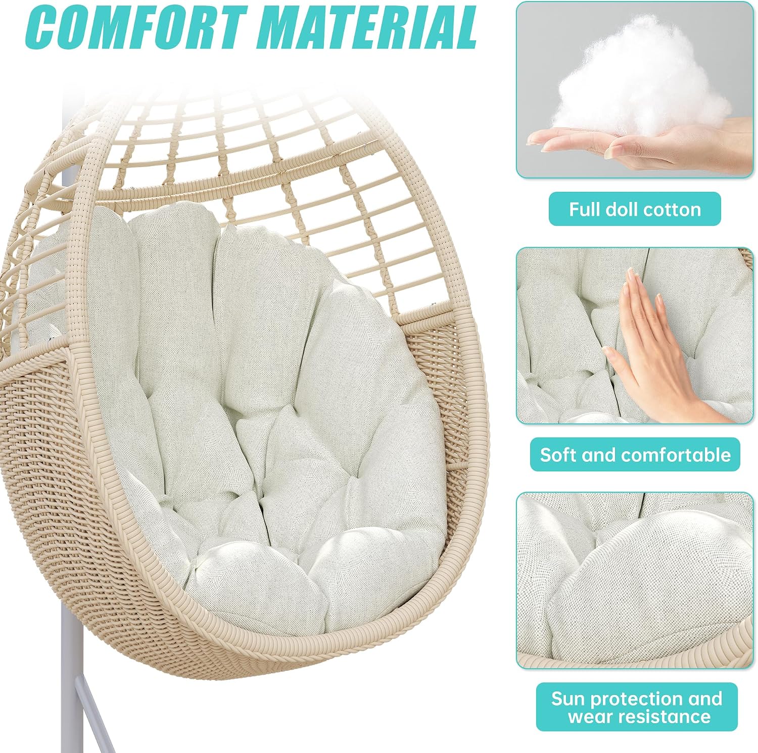 Egg Swing Chair with Stand, Rattan Egg Hanging Hammock Chair with Soft Cushion for 330lbs Patio Balcony Garden Living Room Bedroom Porch Indoor Outdoor, Beige
