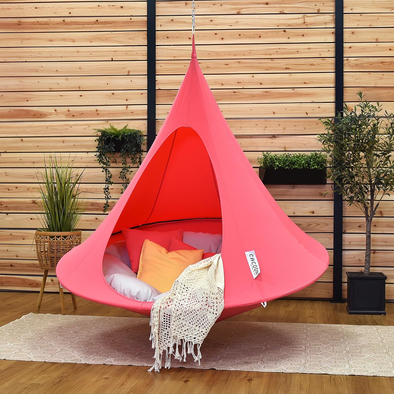 Double Cacoon Hanging Chair for Two – Cozy Indoor/Outdoor Hammock with Polyester Canvas, 440 lb Capacity, Includes 18ft Rope & Carabiner (Coral Rose)