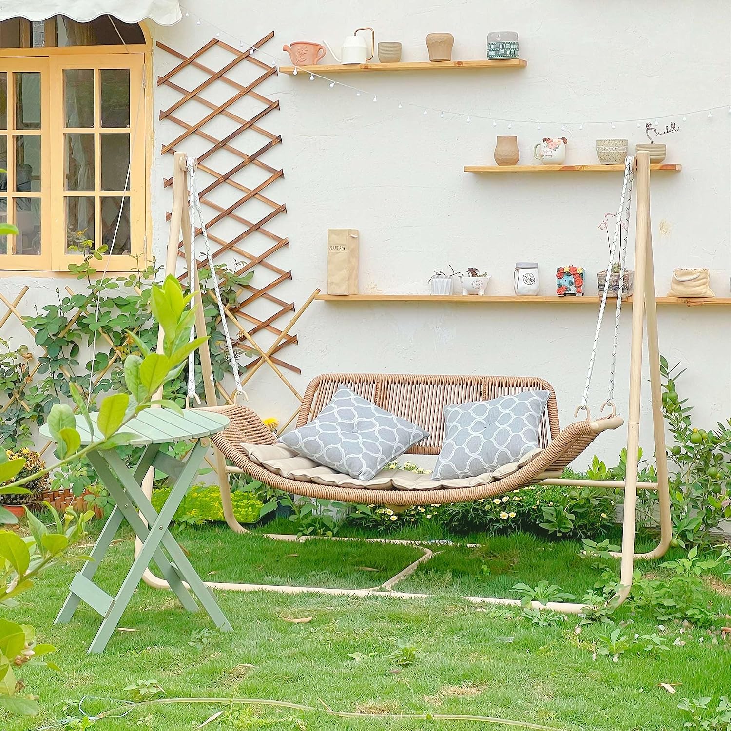 PURPLE LEAF 2 Seat Cloud Swing Chair with Stand Patio Wicker Bench Glider Loveseat Hanging Swinging for Indoor Outside Backyard Garden Outdoor Hammock Porch Swing, Cushion and Pillows Included