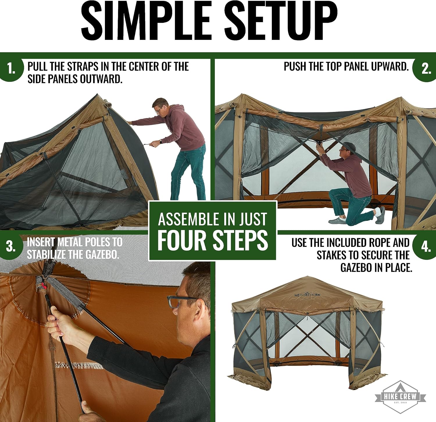 Hike Crew 13' x 13' Screened Roof Pop-Up Gazebo Screen Tent | 6-Sided Outdoor Canopy Shelter w/Roof Cover, Built-in Zippered Panels, Built-in Awning, Stakes, Ropes & Carry Bag | UV Resistant SPF 50+