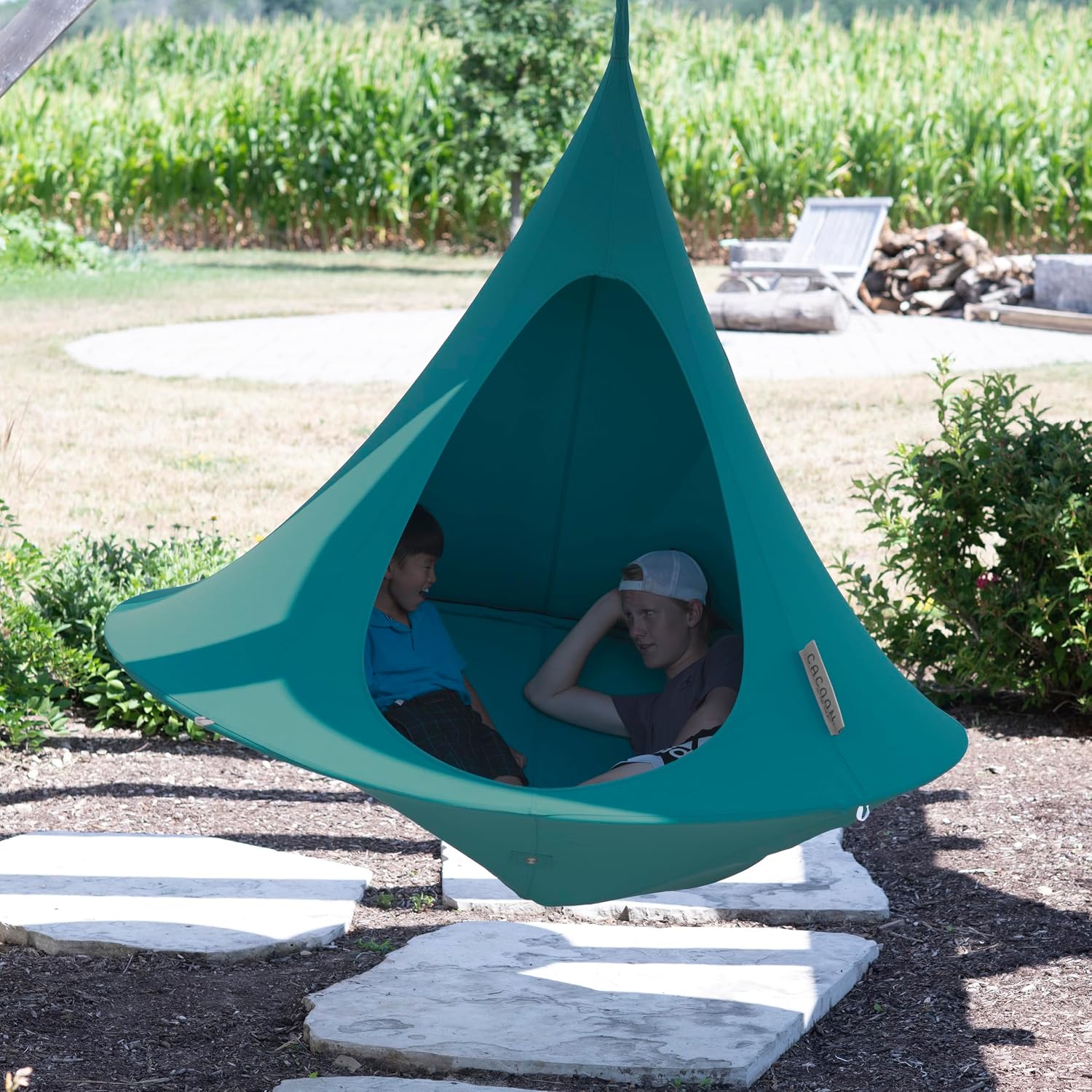 Double Cacoon Hanging Chair for Two – Cozy Indoor/Outdoor Hammock with Polyester Canvas, 440 lb Capacity, Includes 18ft Rope & Carabiner (Bayou Breeze)