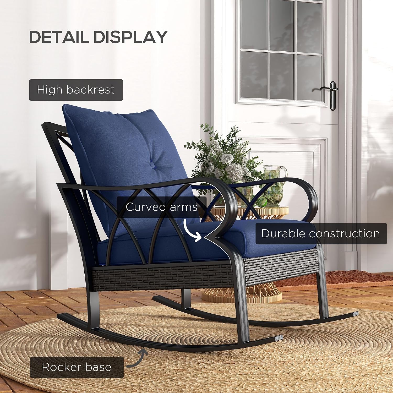 Outsunny Outdoor Wicker Rocking Chair with Padded Cushions, Aluminum Furniture Rattan Porch Rocker Chair w/Armrest for Garden, Patio, and Backyard, Navy Blue