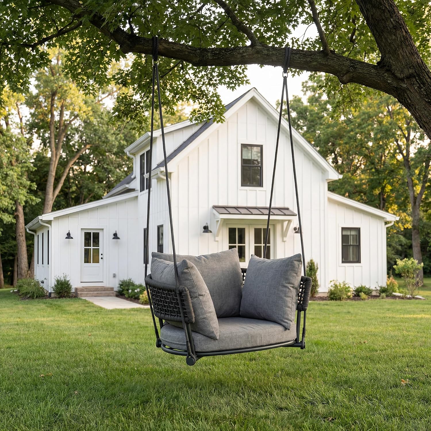 Single Seater Porch Swing, Macrame Hanging Swing Chair Outdoor, Hammock Chairs for Adults, Outdoor Patio Swings with Cushions, Rope Rattan Hanging Chairs, Reading Nook Chair for Bedroom, Grey