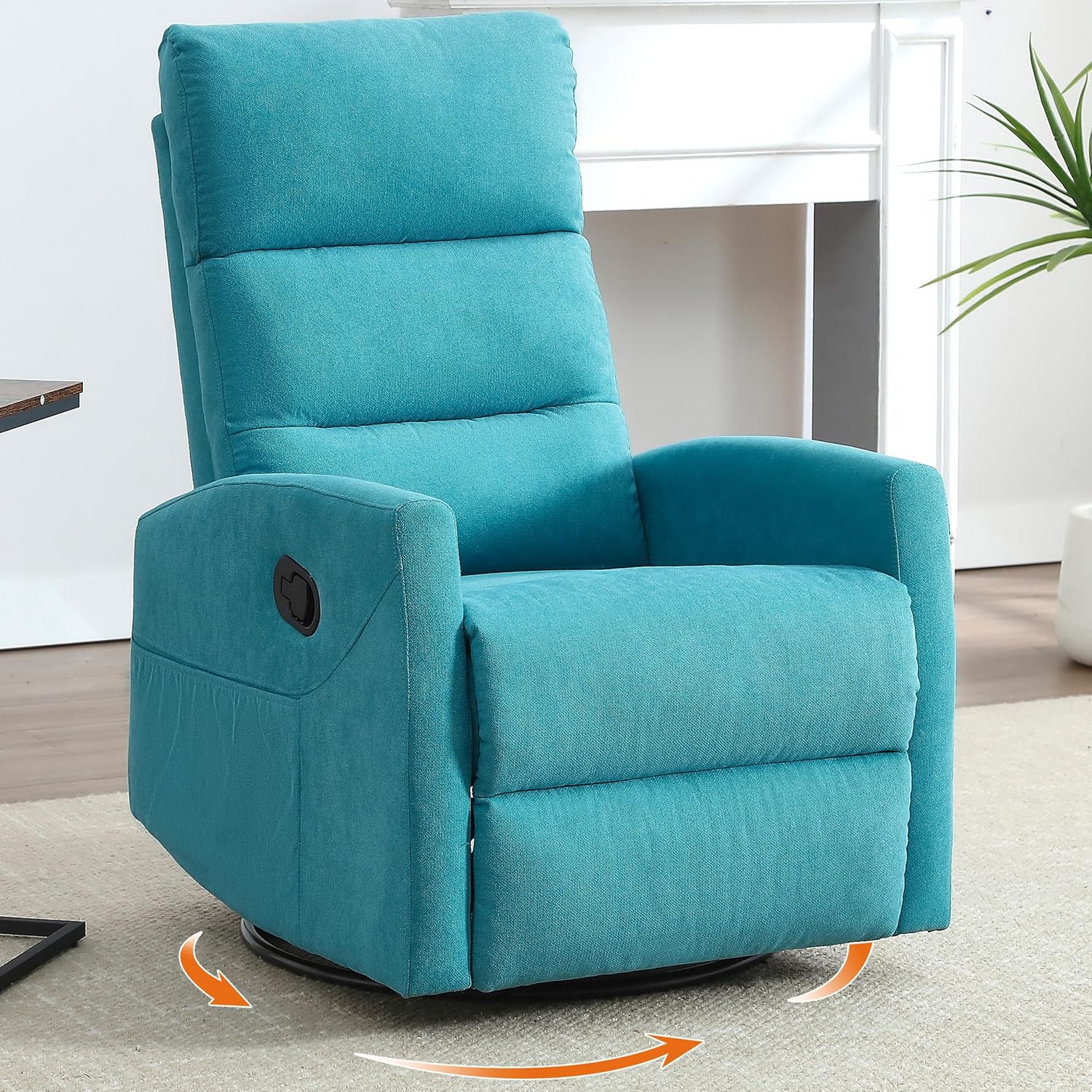 360° Swivel Rocking Chair for Nursery, Manual Glider Chair Nursing Chair with Side Pockets, Polyester Glider for Living Room, Heavy Duty Motion Mechanism, Blue