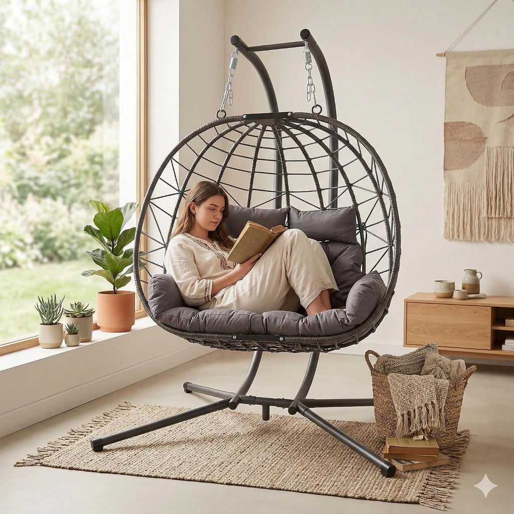 JOYBASE Double Swing Egg Chair with Stand, 2-Person Hanging Egg Chair Wicker Rattan Oversized Swinging Chair for Outdoor Indoor Garden Patio (Light Grey)