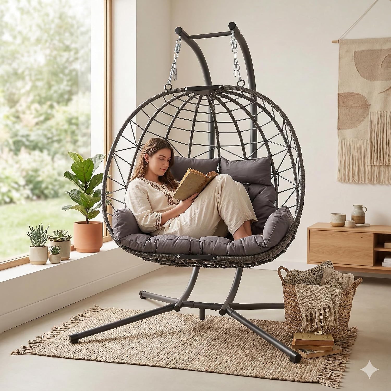 JOYBASE Double Swing Egg Chair with Stand, 2-Person Hanging Egg Chair Wicker Rattan Oversized Swinging Chair for Outdoor Indoor Garden Patio (Light Grey)