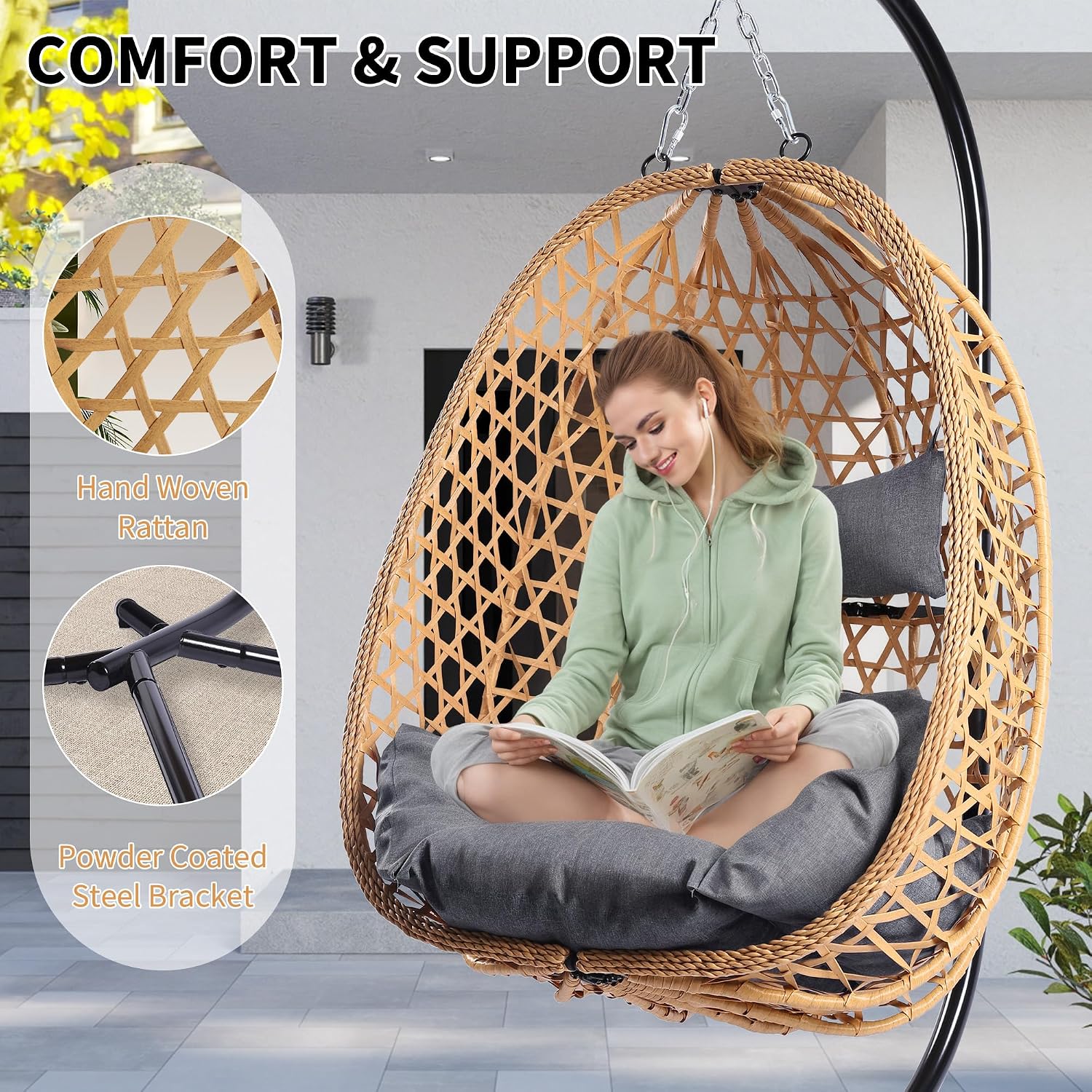 DoubleTT Egg Chair with Stand, Patio Wicker Hanging Chair, Hammock Swing Chair, 350LBS Capacity for Bedroom, Balcony, Garden (YE-GR)