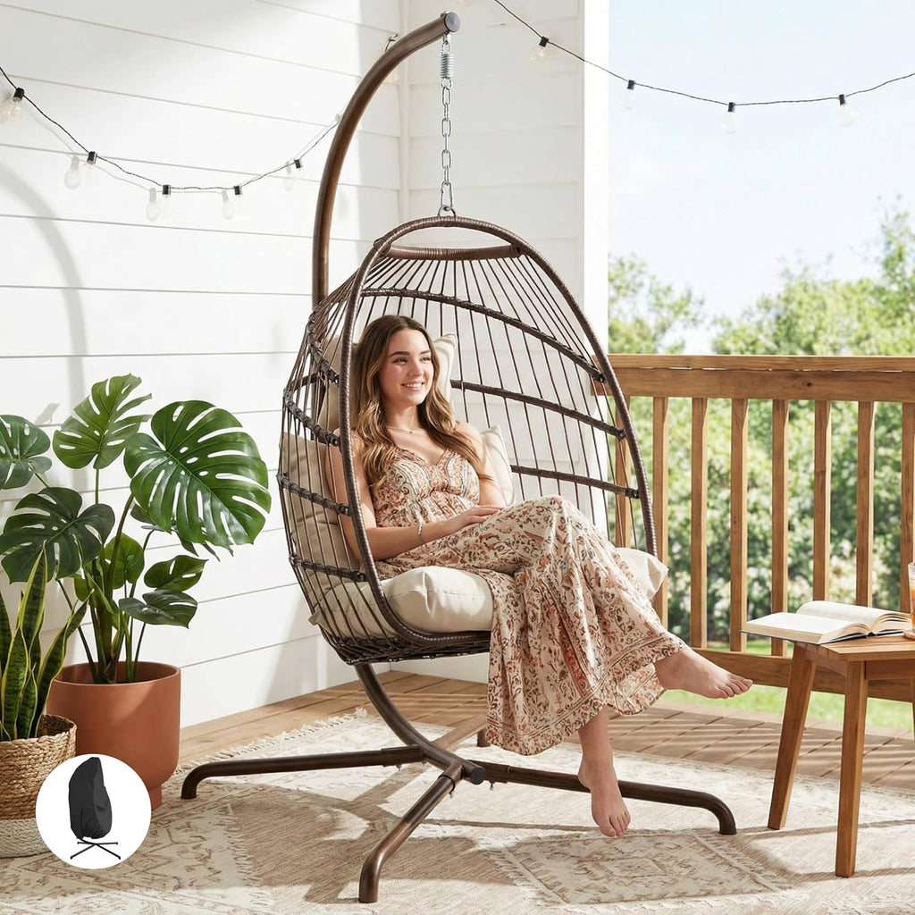 BULEXYARD Foldable Rattan Egg Chair with Stand and Cover, 350 Lbs Outdoor All-Weather Wicker Hanging Hammock with Cushion, Dome-Shaped Swing Eggshell Basket for Patio Balcony Garden Bedroom, Brown Tan