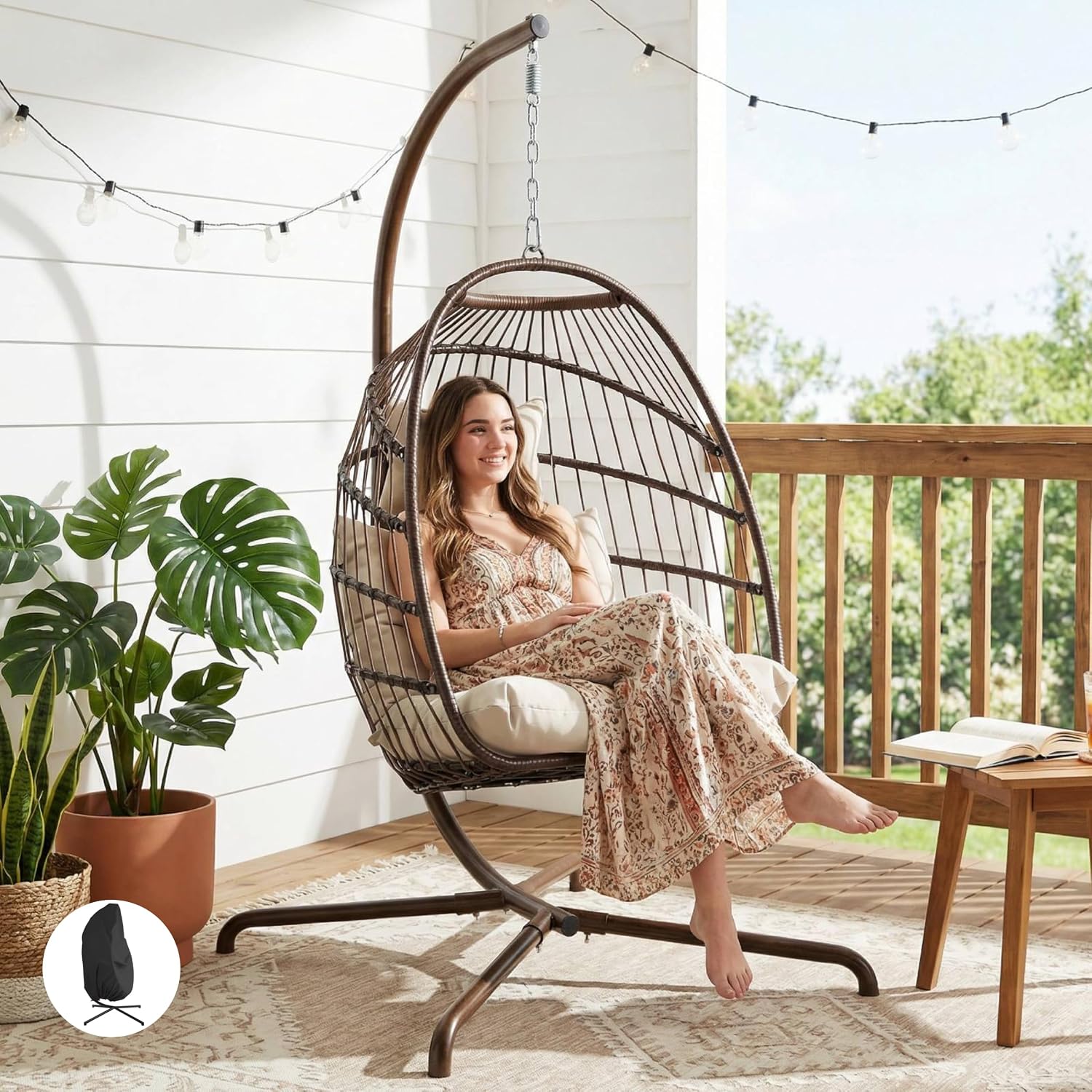 BULEXYARD Foldable Rattan Egg Chair with Stand and Cover, 350 Lbs Outdoor All-Weather Wicker Hanging Hammock with Cushion, Dome-Shaped Swing Eggshell Basket for Patio Balcony Garden Bedroom, Brown Tan