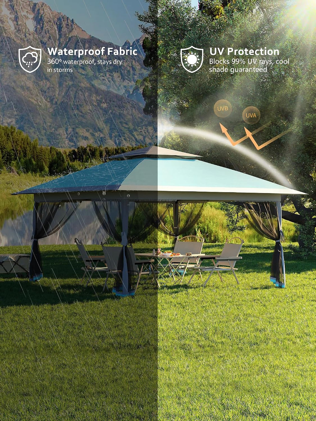 Garvee 13x13 ft Pop Up Gazebo, Canopy Tent Gazebos with Mosquito Netting, Outdoor Patio Gazebo, Backyard Tent for Party, Wedding, Outdoor Dining(Light Blue+Light Grey)