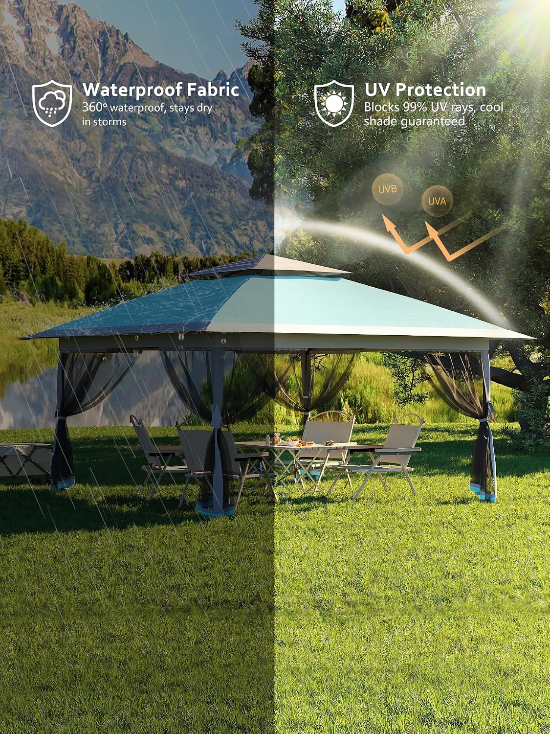 Garvee 13x13 ft Pop Up Gazebo, Canopy Tent Gazebos with Mosquito Netting, Outdoor Patio Gazebo, Backyard Tent for Party, Wedding, Outdoor Dining(Light Blue+Light Grey)