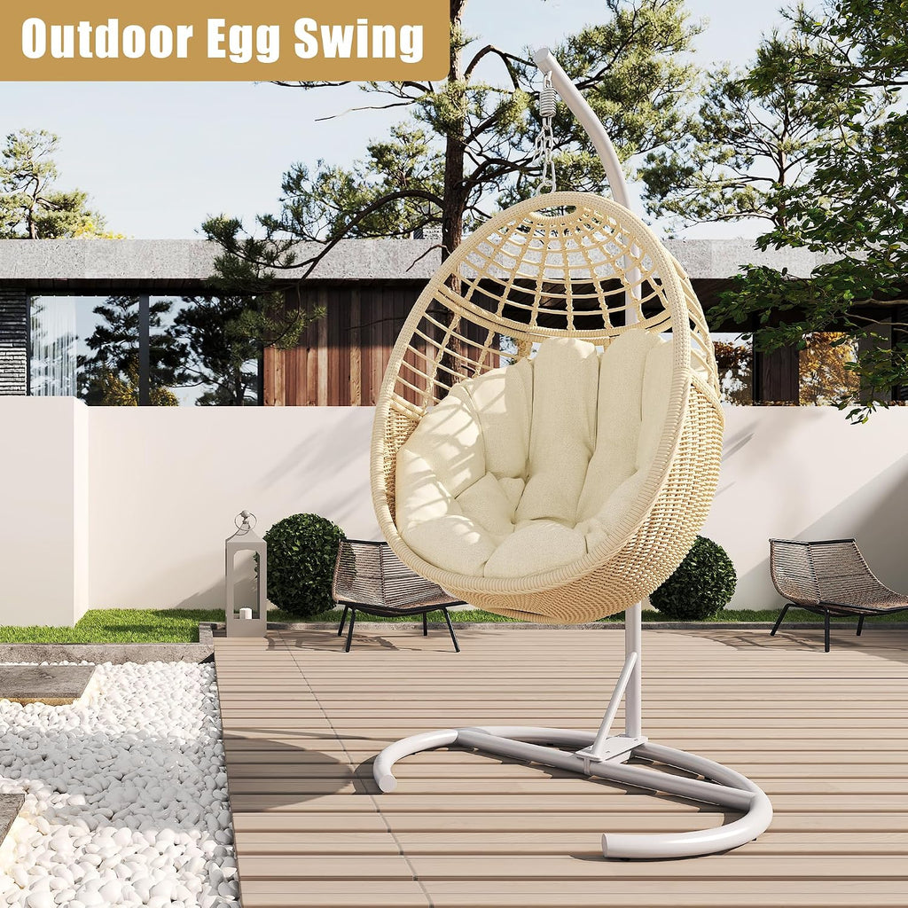 Hanging Egg Chair Swing Chair with Stand Wicker Rattan for Indoor Outdoor Patio Bedroom Hammock with Steel Frame and Cushion, 300 lbs Capacity, Beige