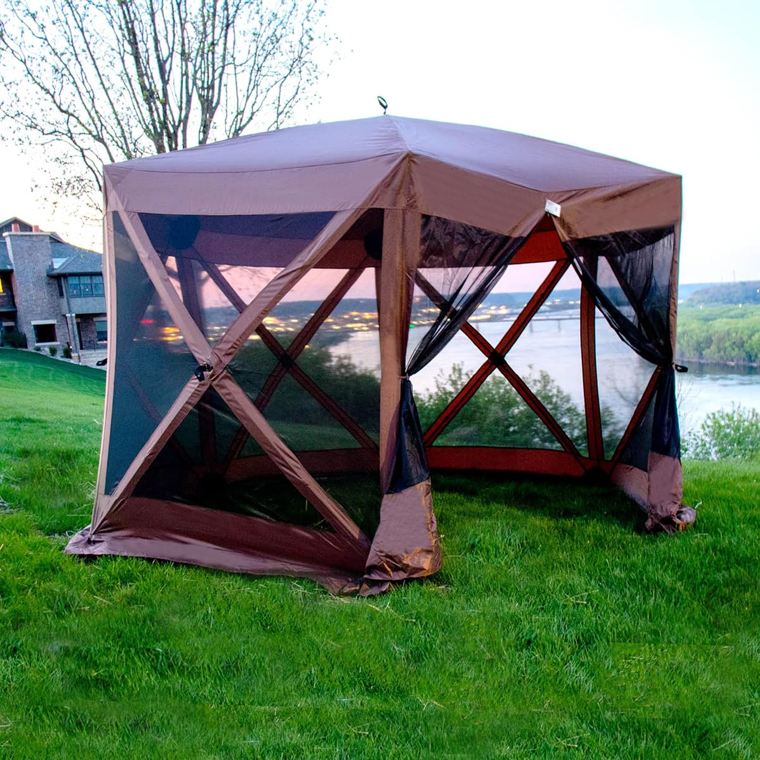 Backyard Expressions 12' x 12' Pop Up 6 Sided Portable Hub Gazebo Screen Canopy Tent with Ground Stakes & Carry Bag
