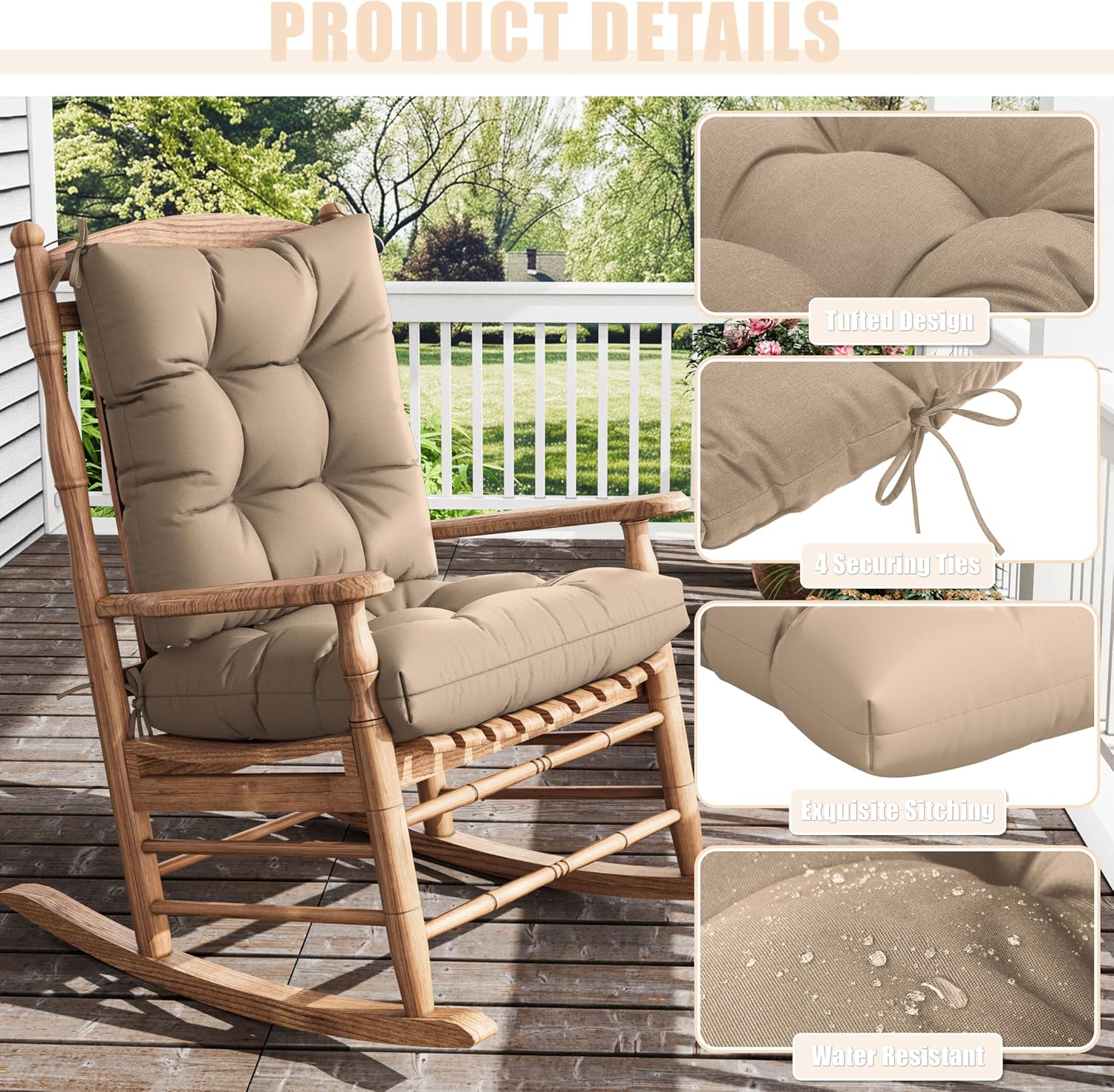 2sets Rocking Chair Cushion Set,Outdoor Patio Chair Cushions,Waterproof and Fade-Resistant Replacement Tufted Pads with Ties for Indoor Outdoor Rocker/Patio/Swing Chair,42 x 21 x 5 Inches