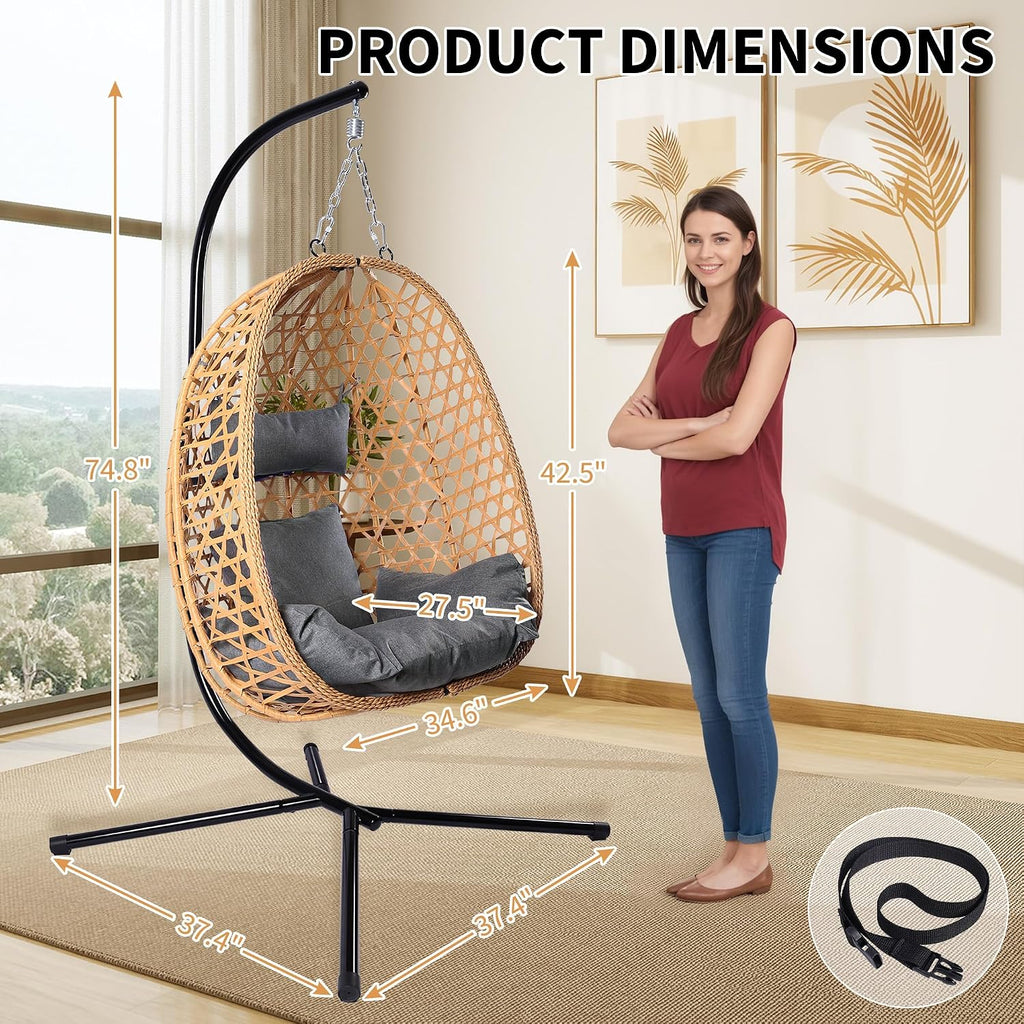 DoubleTT Egg Chair with Stand, Patio Wicker Hanging Chair, Hammock Swing Chair, 350LBS Capacity for Bedroom, Balcony, Garden (YE-GR)