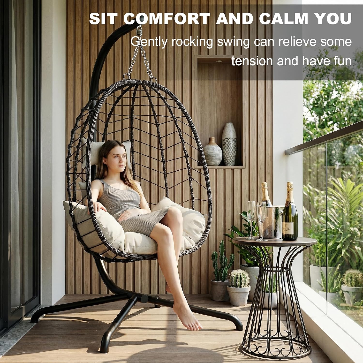 LEX CRAFT Hanging Egg Chair with Stand, Swinging Egg Chair Outdoor Indoor, Hanging Basket Chair with Cushion, Patio Wicker Hammock Chair 350lbs Capacity for Porch, Balcony, Backyard, Garden (Beige1)