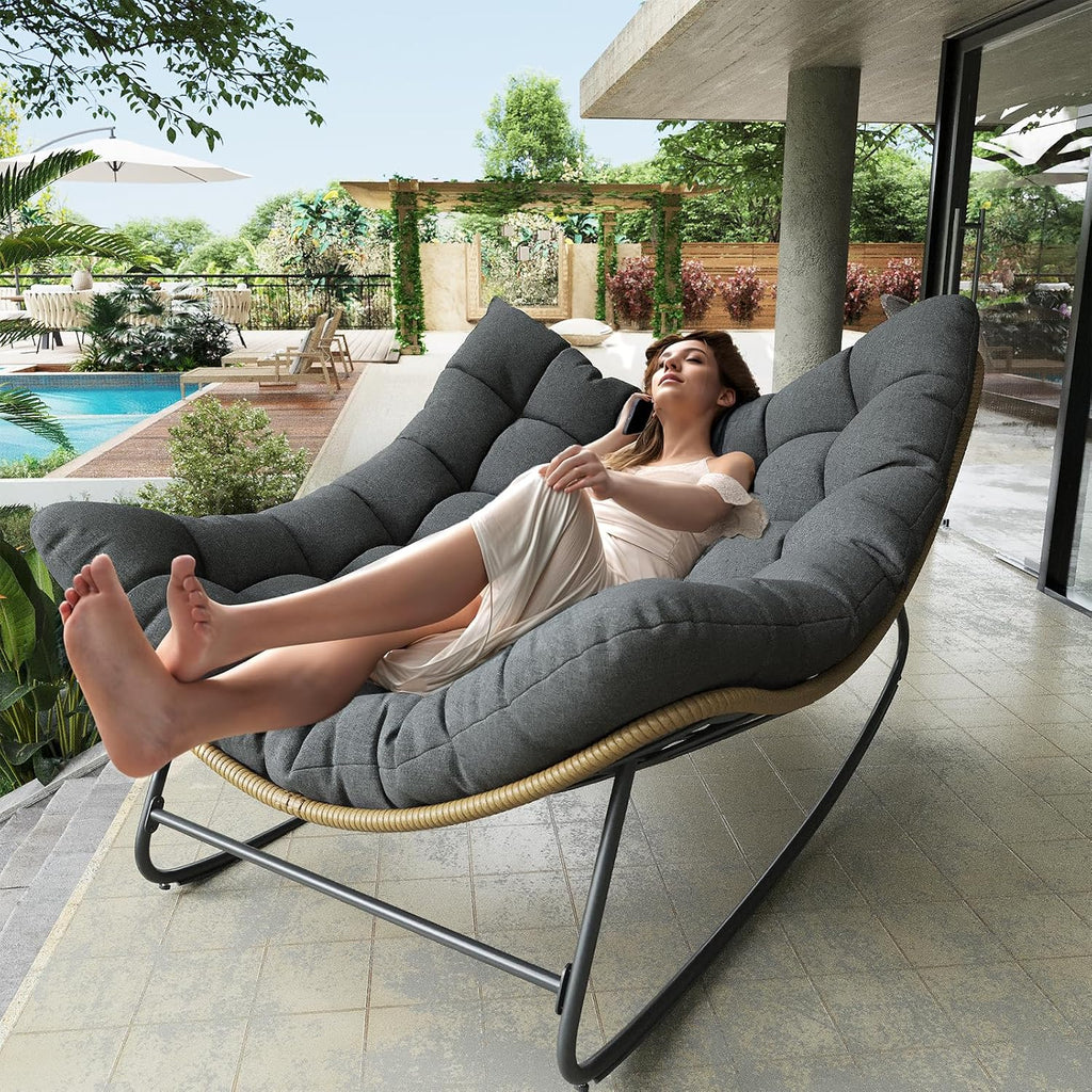 Outdoor Rocking Chair, Indoor Papasan Chair, Oversized Egg Rocking Chair with Thick Cushion, Rattan Wicker Rocker Lounge Chair for Bedroom, Living Room, Patio, Garden, Porch (Dark Grey)