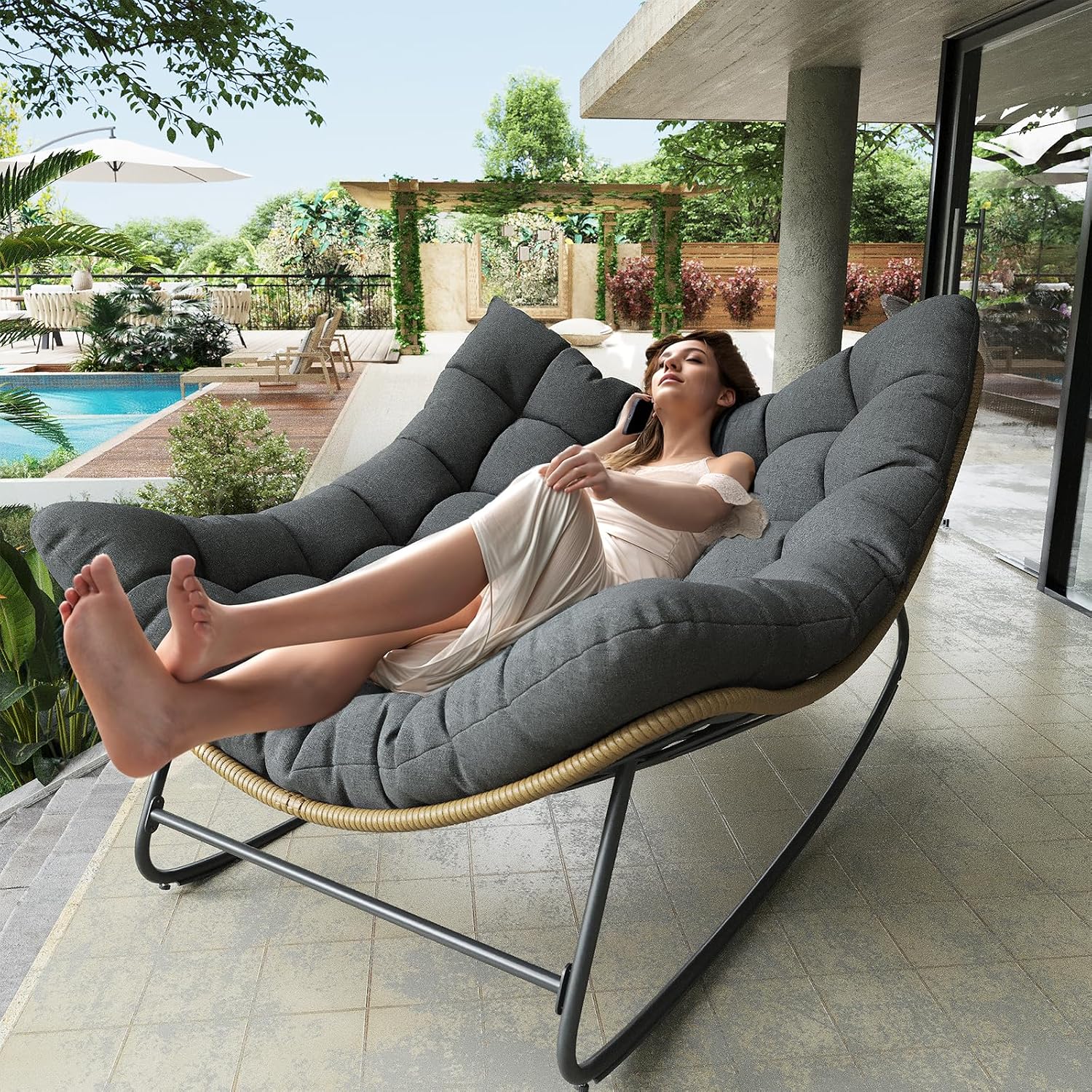 Outdoor Rocking Chair, Indoor Papasan Chair, Oversized Egg Rocking Chair with Thick Cushion, Rattan Wicker Rocker Lounge Chair for Bedroom, Living Room, Patio, Garden, Porch (Dark Grey)
