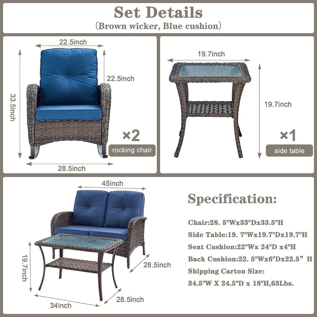 Belord Patio Wicker Furniture with Rocking Chairs Loveseat, 5 Piece Rattan Furniture Outdoor Table and Rocking Chairs Set for Patio Deck Porch Backyard Brwon/Blue