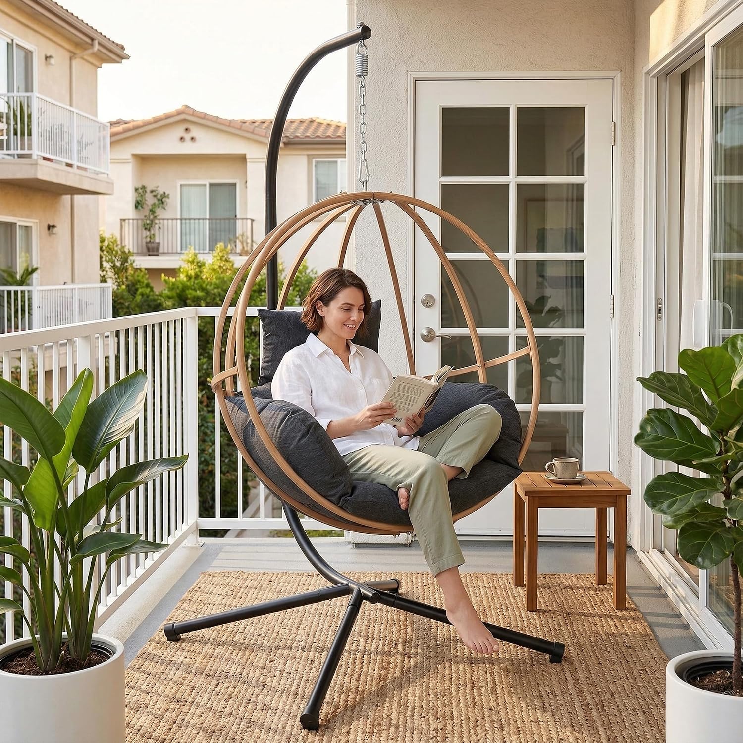 Egg Chairs Outdoor, Metal Hanging Egg Chair with Cushions, Heavy Duty 400LBS Imitation Wicker Egg Swing Chair with Stand, 80' H Hanging Chairs Cozy Basket Seat for Bedroom/Balcony, Charcoal