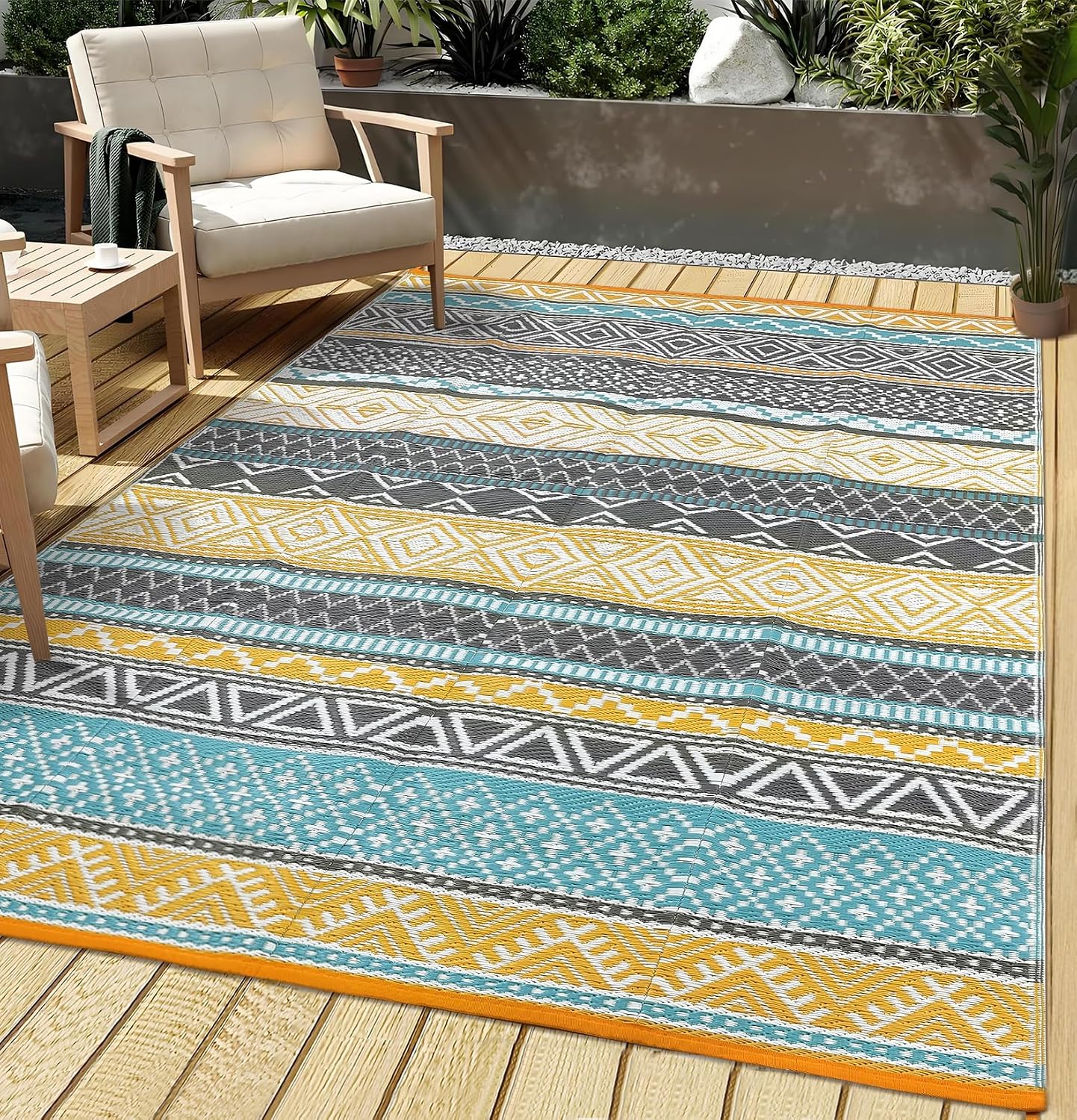Garvee Outdoor Rug 10 ft x 20 ft Waterproof for Patios Clearance, Reversible Outdoor Plastic Straw Camping Rug Carpet, Large Rugs Mats for RV, Camper, Deck, Balcony, Porch, Beach, Picnic,Yellow & Gray