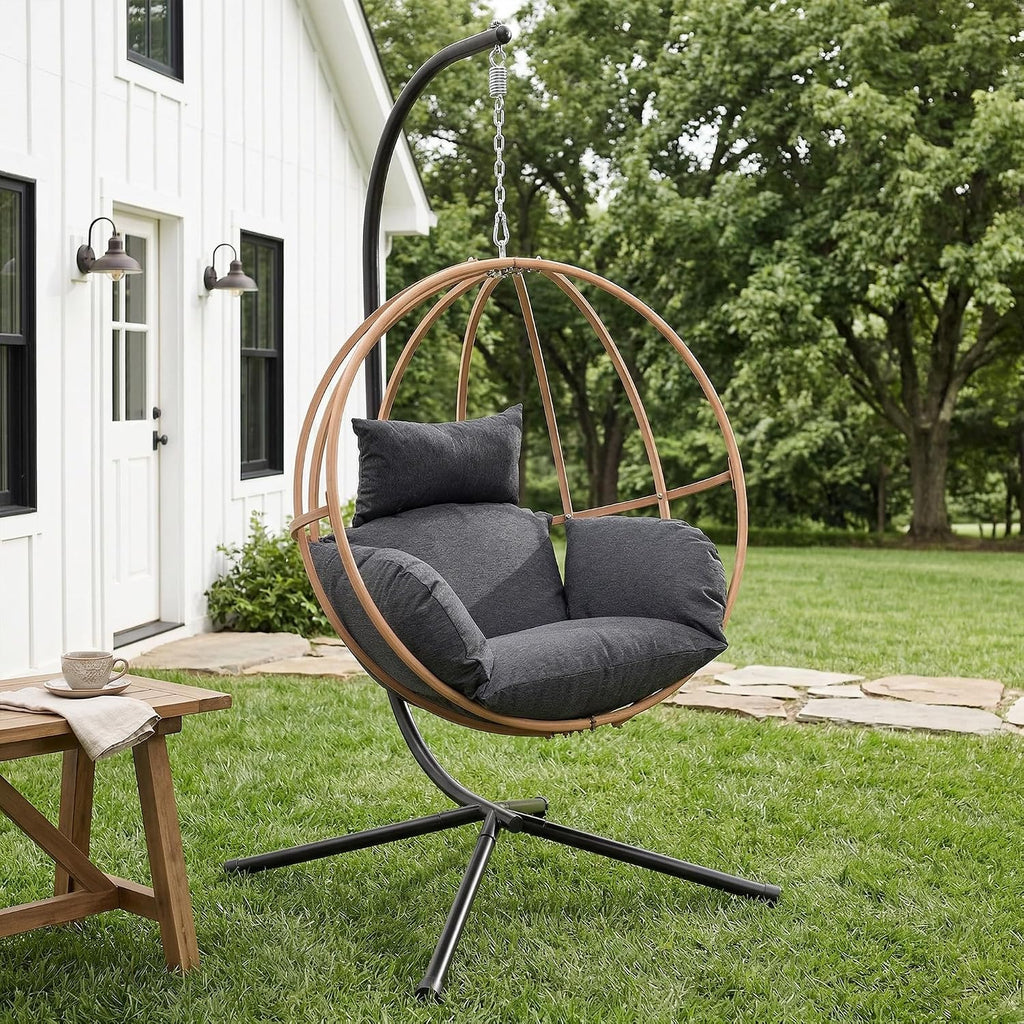 Egg Chairs Outdoor, Metal Hanging Egg Chair with Cushions, Heavy Duty 400LBS Imitation Wicker Egg Swing Chair with Stand, 80' H Hanging Chairs Cozy Basket Seat for Bedroom/Balcony, Charcoal