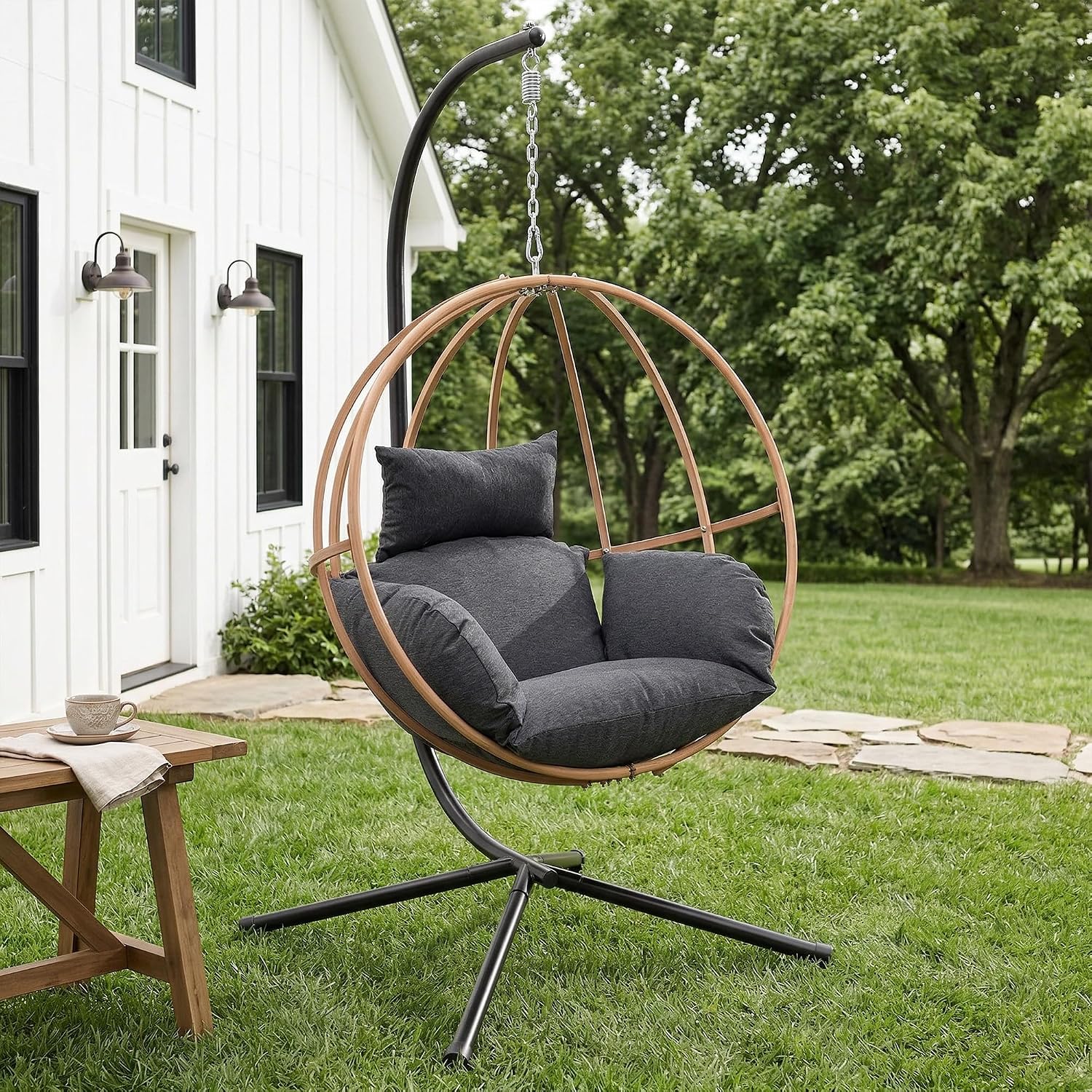 Egg Chairs Outdoor, Metal Hanging Egg Chair with Cushions, Heavy Duty 400LBS Imitation Wicker Egg Swing Chair with Stand, 80' H Hanging Chairs Cozy Basket Seat for Bedroom/Balcony, Charcoal