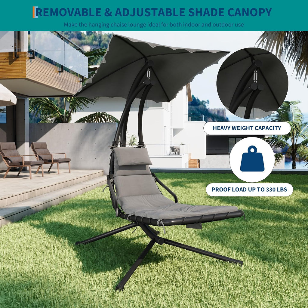 Hanging Chaise Lounge Swing Chair, Hanging Curved Chaise Lounge Chair Umbrella, Curved Steel Hammock Lounger Chairs for Outdoor Indoor Patio Pool Garden Backyard Porch