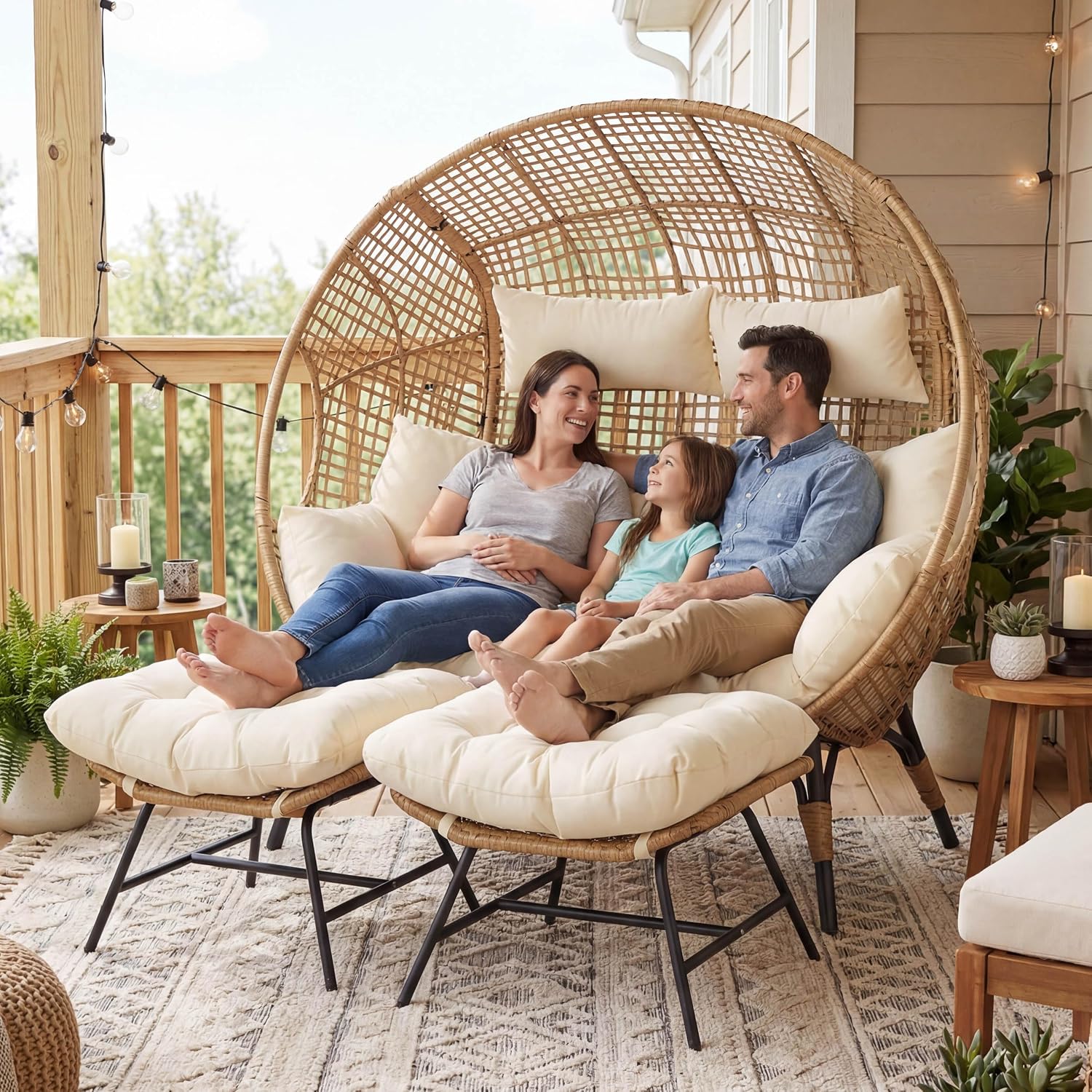 NICESOUL Indoor Outdoor Double Egg Chair with Ottoman Padded Cushions, 57.1' Plus Size XL Wicker Lounge Chair Deep Seating with Footrests, 2 Person Loveseat for Patio Porch Balcony Cream Beige