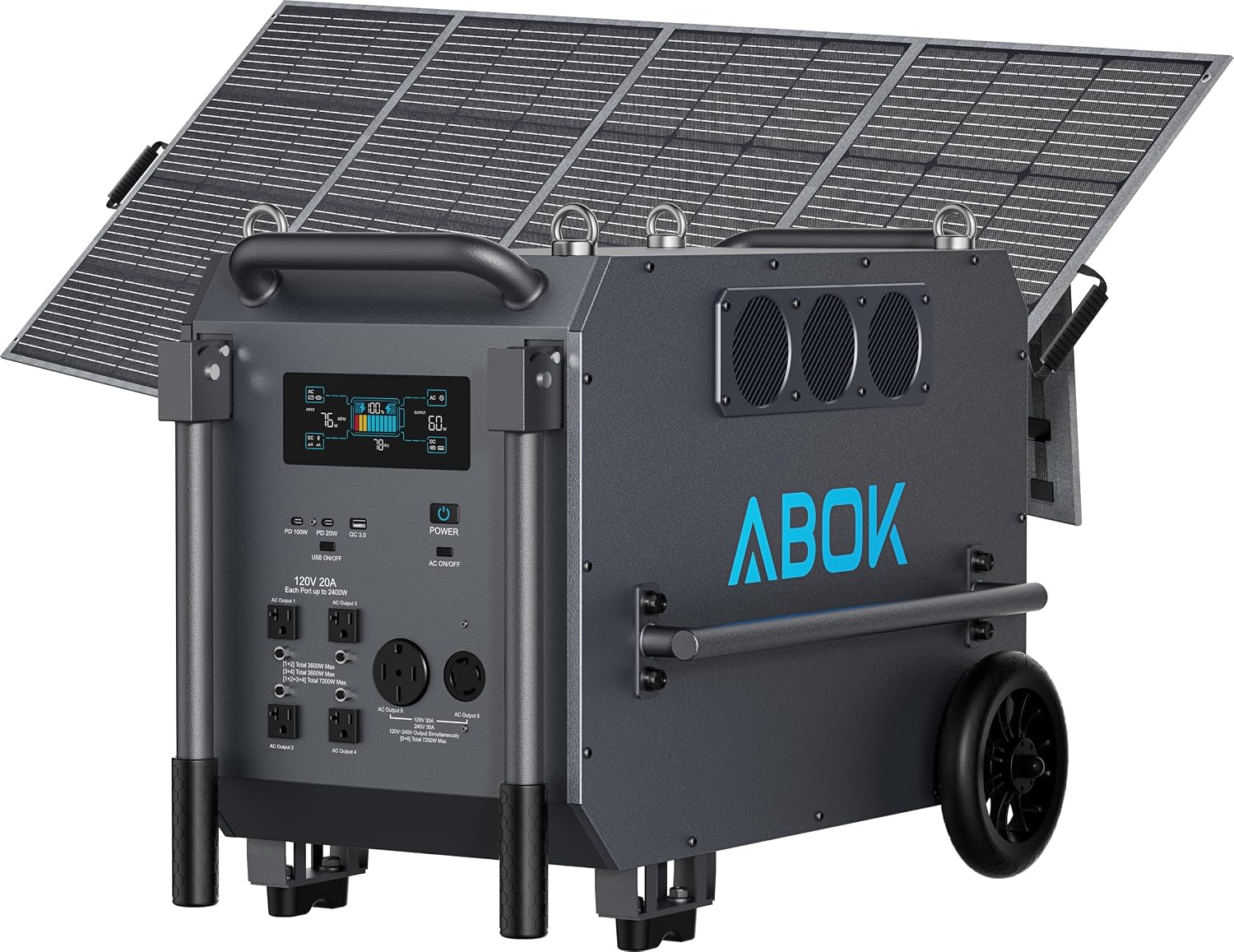 ABOK Ark7200 Portable Power Station with 400W Solar Panel, 120/240V 7200W AC Output, 9792Wh LiFePO4 Home Battery, Solar Generator for Forestry Operation, Construction Site, Emergency, Power Outages