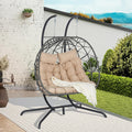 JOYBASE Double Swing Egg Chair with Stand, 2-Person Hanging Egg Chair Wicker Rattan Oversized Swinging Chair for Outdoor Indoor Garden Patio (Khaki Cushion and Grey Rattan)